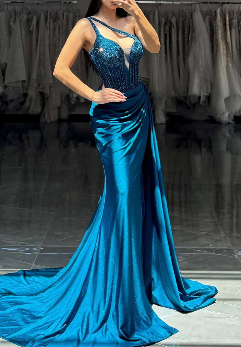 One Shoulder Spaghetti Straps Beaded Ruched Sheath Prom Dress simple gentle atmospheric and unique desi Bring summer colors to enhance whiteness