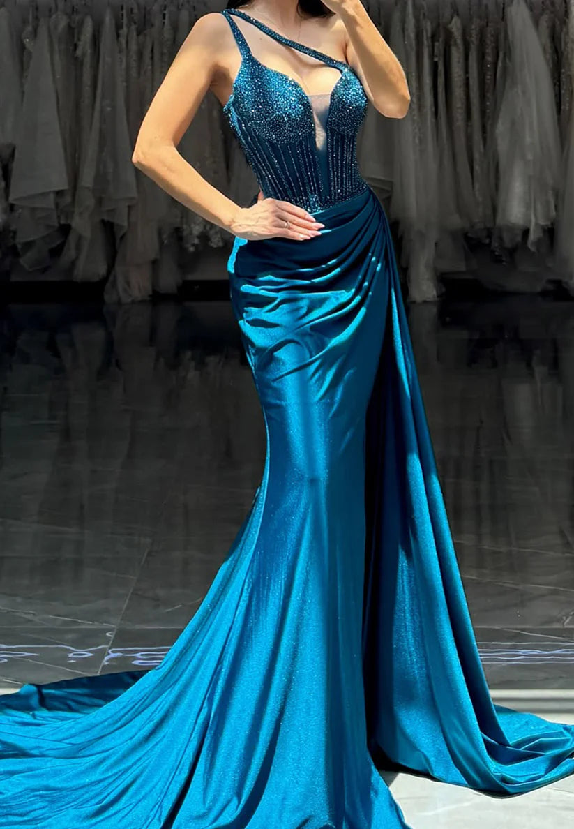 One Shoulder Spaghetti Straps Beaded Ruched Sheath Prom Dress simple gentle atmospheric and unique desi Bring summer colors to enhance whiteness