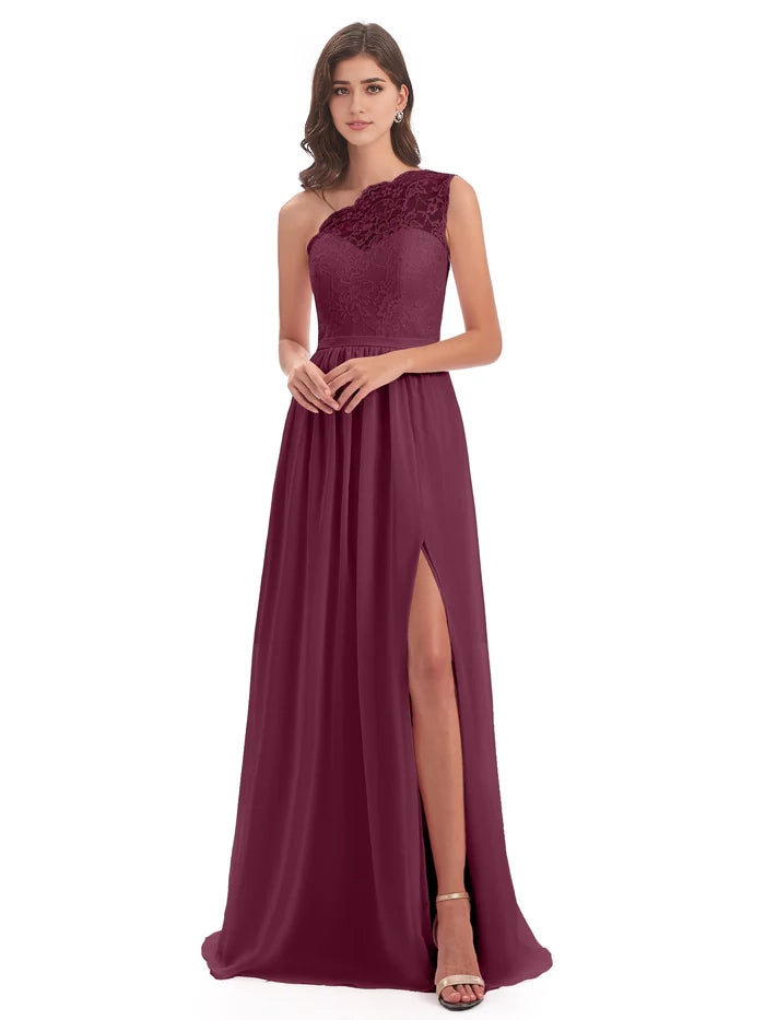 One Shoulder Split Lace Long Bridesmaid Dresses simple gentle atmospheric and unique desi Bring summer colors to enhance whiteness