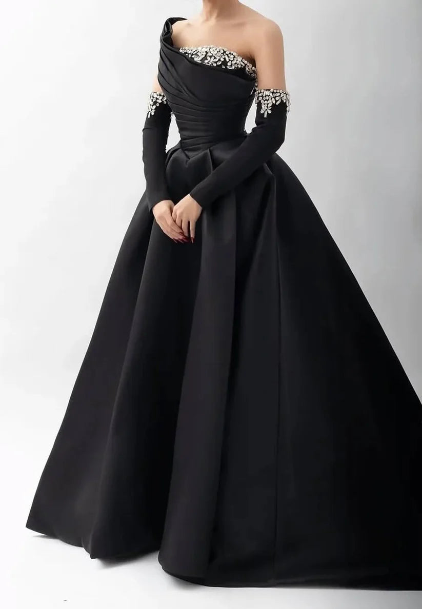 One Shoulder Strapless Beaded Pleated A-Line Evening Dress simple gentle atmospheric and unique desi Bring summer colors to enhance whiteness