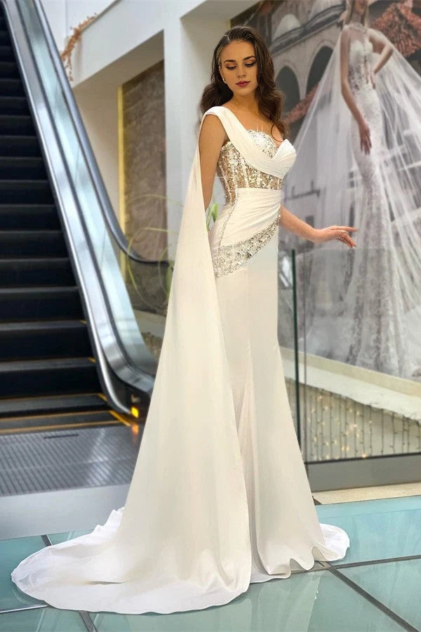 One Shoulder White Prom Dress Mermaid Long Ruffle With Beads Simple gentle atmospheric and unique design  ﻿