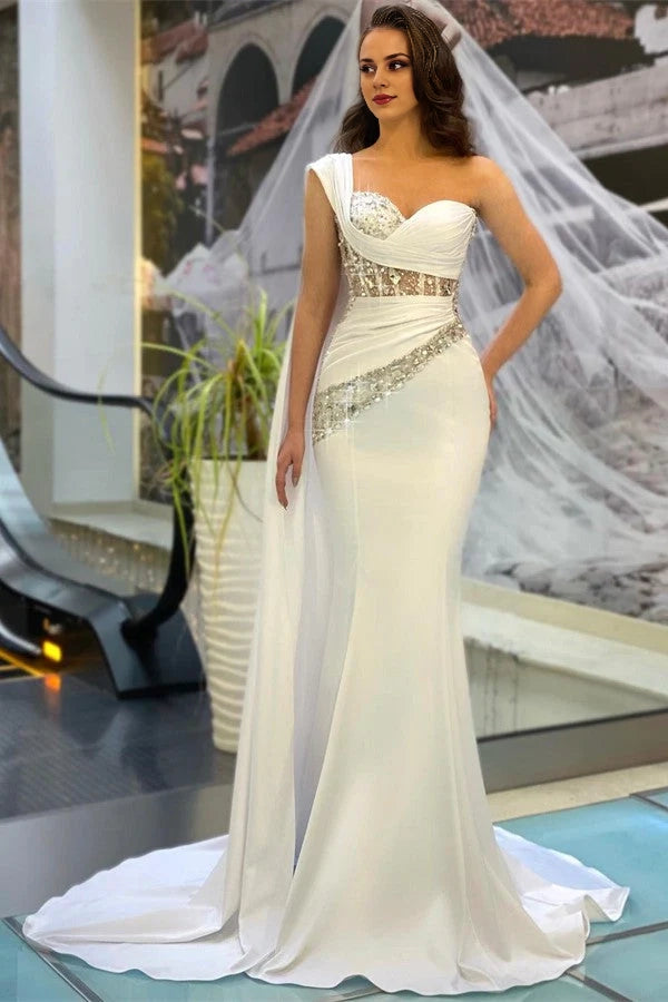 One Shoulder White Prom Dress Mermaid Long Ruffle With Beads Simple gentle atmospheric and unique design  ﻿