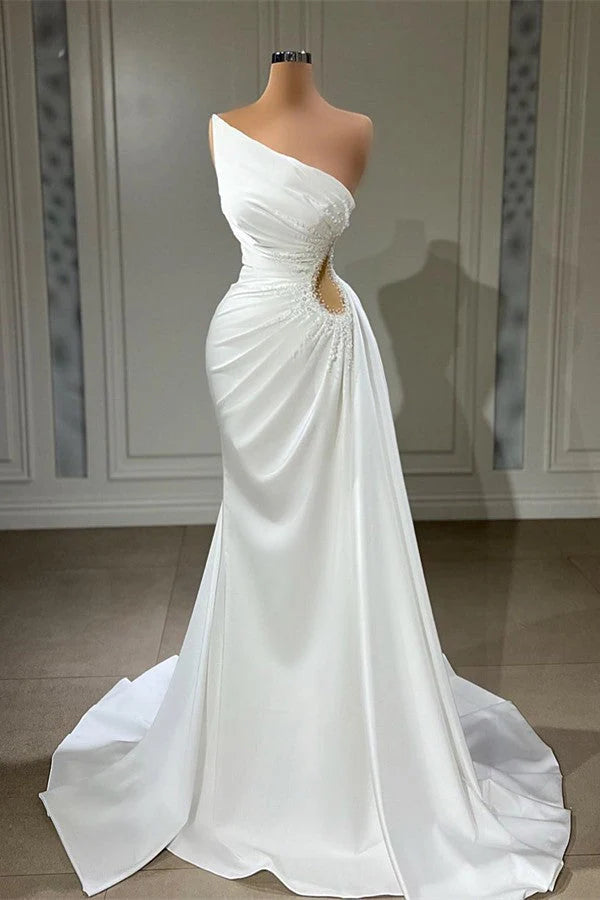 One Shoulder White Prom Dress Mermaid Sleeveless With Ruffle Simple gentle atmospheric and unique design