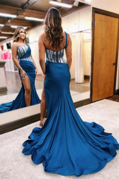 One shoulder Ocean Blue Silver Split Prom Dress with Beadings Simple gentle atmospheric and unique design