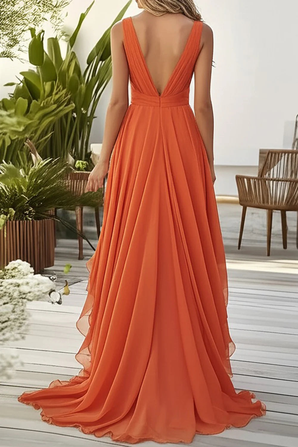 Orange Deep V - Neck Ruffled Evening Gown Orange Ruffled A Line Chiffon Wedding Guest Dress Evening Dress