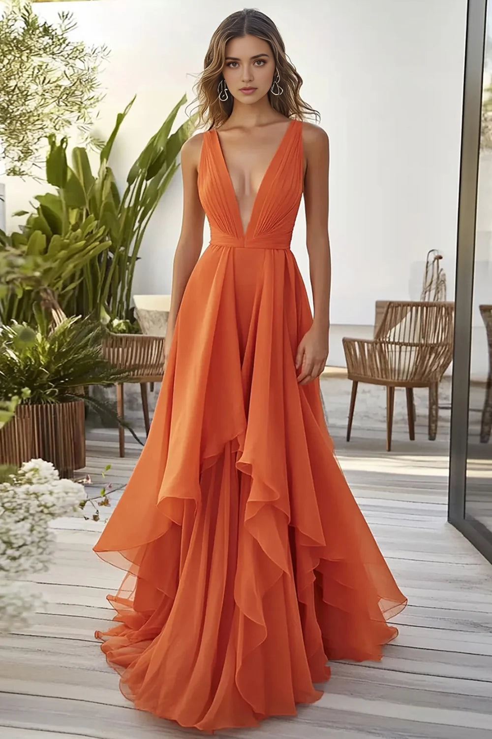 Orange Deep V - Neck Ruffled Evening Gown Orange Ruffled A Line Chiffon Wedding Guest Dress Evening Dress
