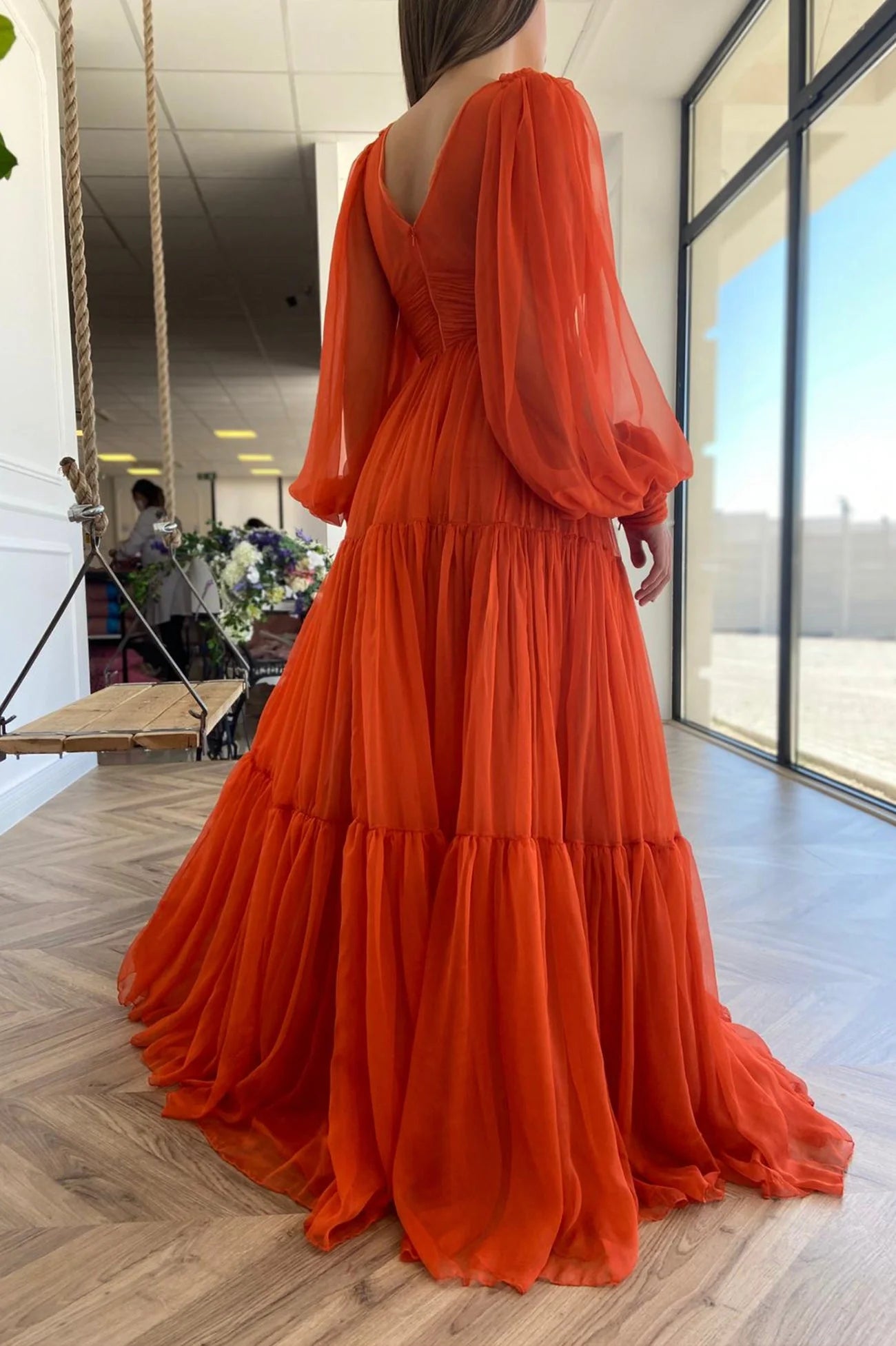 Orange Chiffon Floor Length Prom Dress Long Sleeve Evening Party Dres simple gentle atmospheric and unique desi Bring summer colors to enhance whitenes