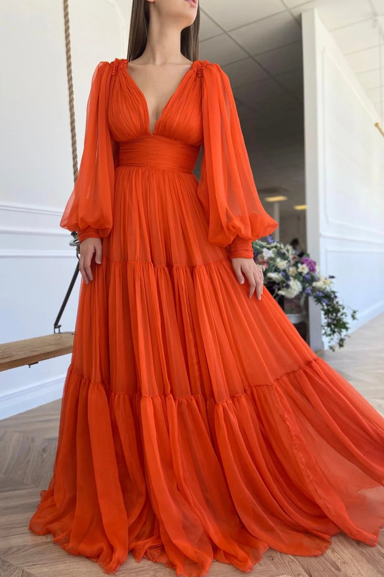 Orange Chiffon Floor Length Prom Dress Long Sleeve Evening Party Dres simple gentle atmospheric and unique desi Bring summer colors to enhance whitenes