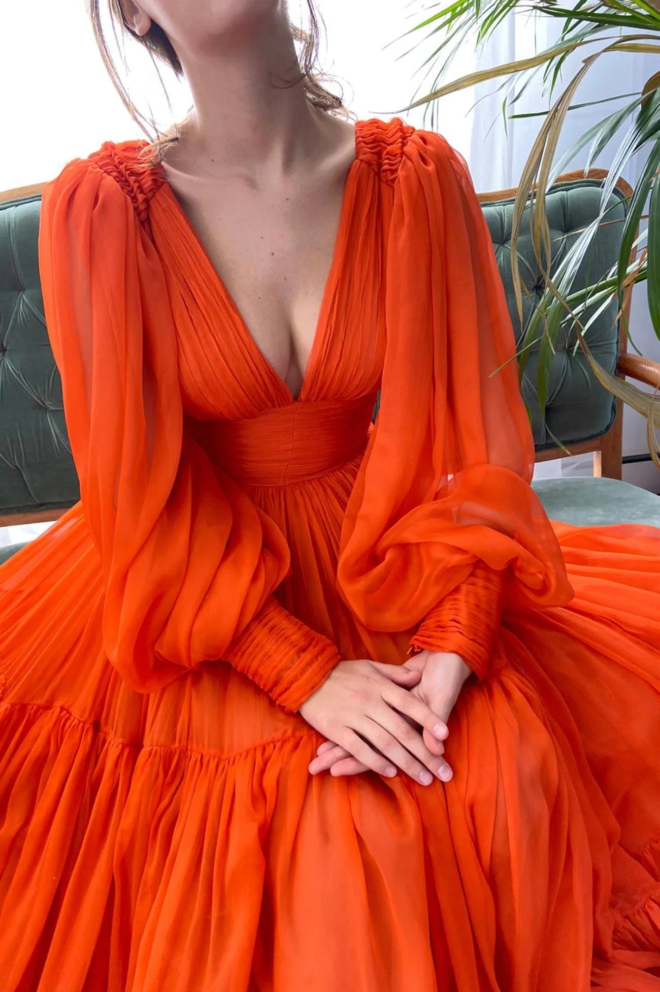 Orange Chiffon Floor Length Prom Dress Long Sleeve Evening Party Dres simple gentle atmospheric and unique desi Bring summer colors to enhance whitenes