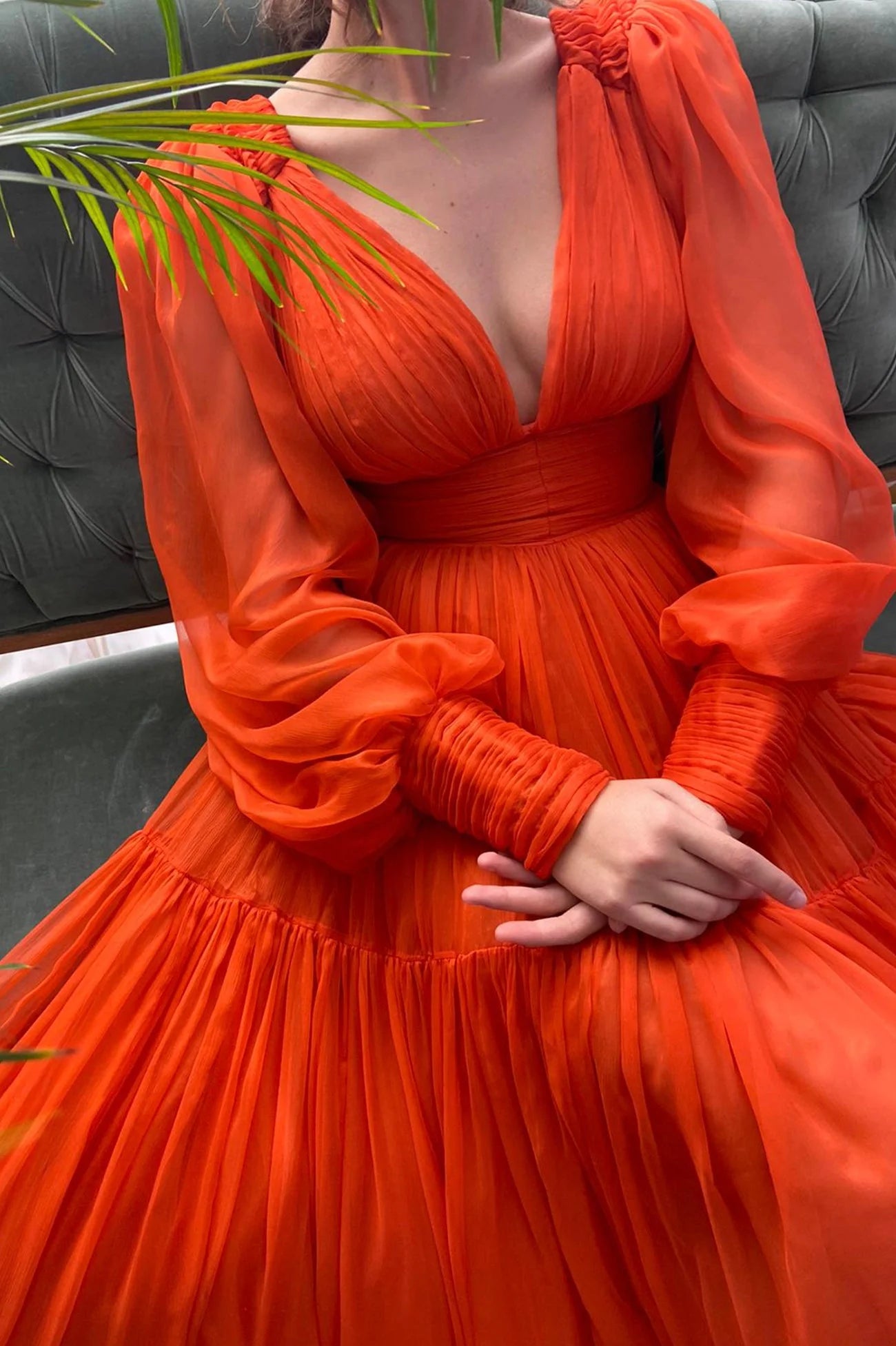 Orange Chiffon Floor Length Prom Dress Long Sleeve Evening Party Dres simple gentle atmospheric and unique desi Bring summer colors to enhance whitenes