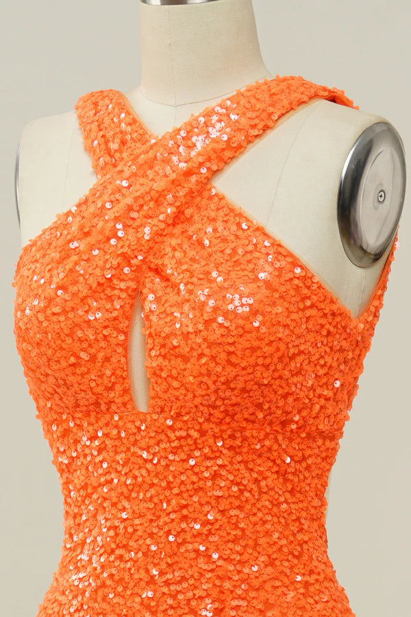 Orange Halter Sequined Backless Mermaid Prom Dress Simple gentle atmospheric and unique design ﻿