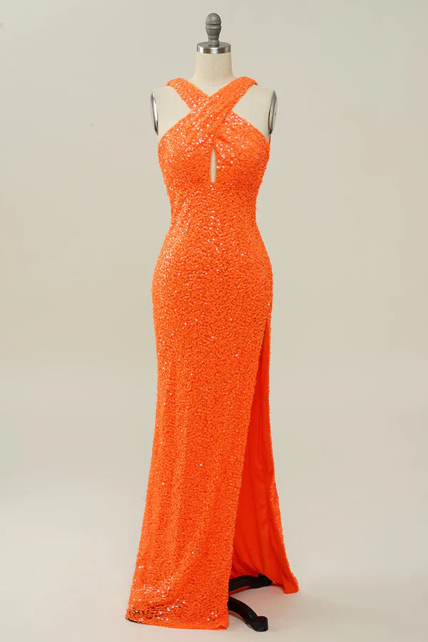 Orange Halter Sequined Backless Mermaid Prom Dress Simple gentle atmospheric and unique design ﻿