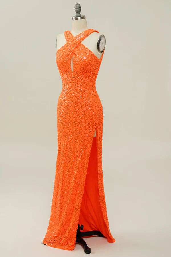 Orange Halter Sequined Backless Mermaid Prom Dress Simple gentle atmospheric and unique design ﻿