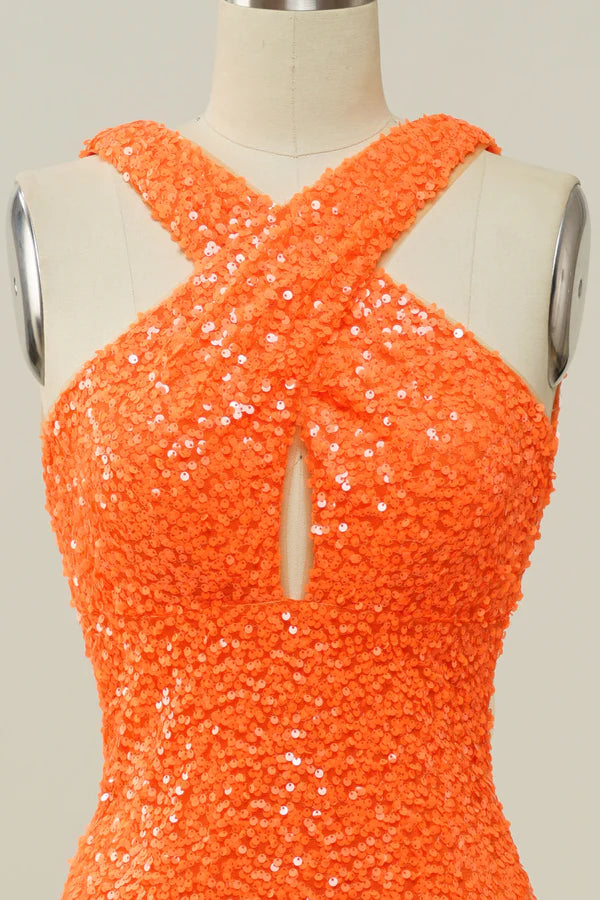 Orange Halter Sequined Backless Mermaid Prom Dress Simple gentle atmospheric and unique design ﻿