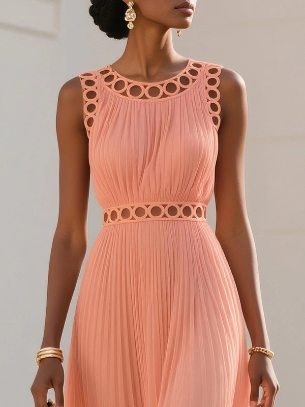 Orange Lace Pleated Hollow Out Chiffon Crew Neck Sleeveless A-Line Maxi Dress simple gentle atmospheric and unique desi Bring summer colors to enhance whiteness