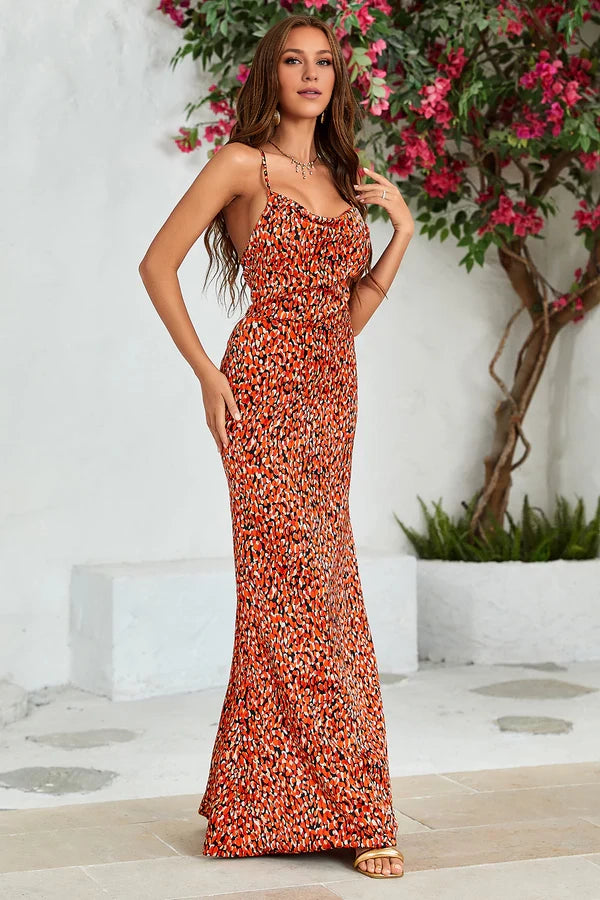 Orange Mermaid Backless Long Printed Wedding Guest Dress Simple gentle atmospheric and unique design