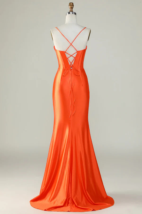 Orange Mermaid Spaghetti Straps Long Corset Prom Dress With SlitSlit Split Front Split Front spheric and unique desigentle atmospheric and unique desi