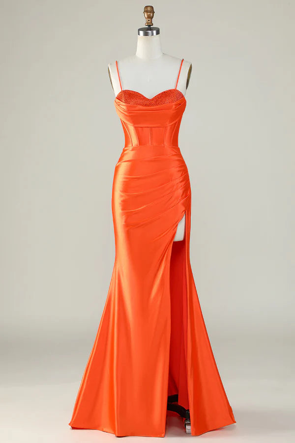 Orange Mermaid Spaghetti Straps Long Corset Prom Dress With SlitSlit Split Front Split Front spheric and unique desigentle atmospheric and unique desi