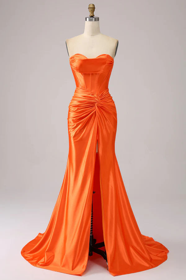 Orange Mermaid Sweetheart Corset Long Sparkly Prom Dress with Slit Split Front spheric and unique desigentle atmospheric and unique desi