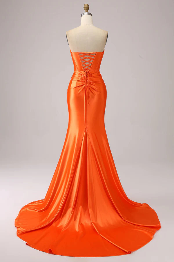 Orange Mermaid Sweetheart Corset Long Sparkly Prom Dress with Slit Split Front spheric and unique desigentle atmospheric and unique desi