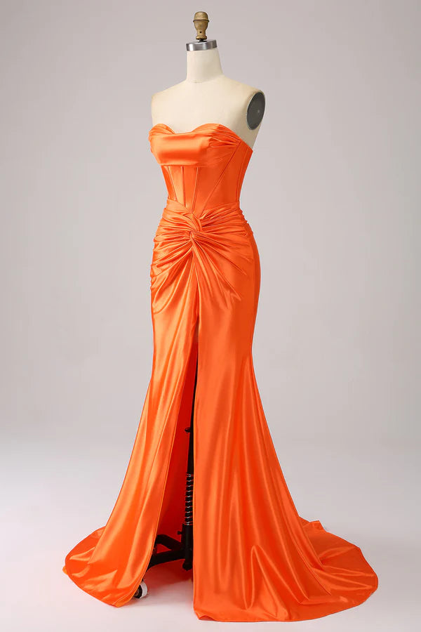 Orange Mermaid Sweetheart Corset Long Sparkly Prom Dress with Slit Split Front spheric and unique desigentle atmospheric and unique desi