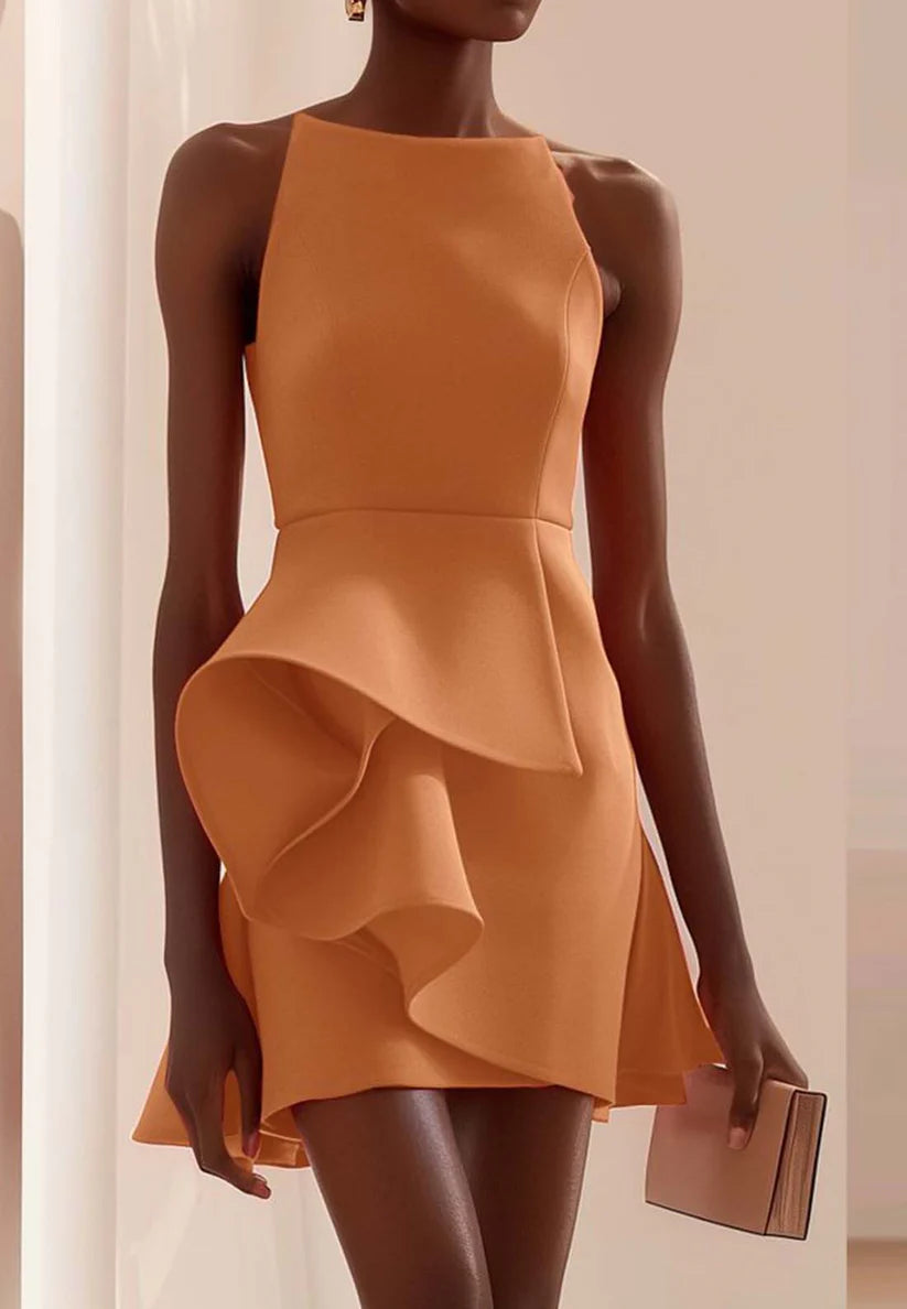 Orange Ruched Sleeveless A-Line Mini Dress simple gentle atmospheric and unique desi Bring summer colors to enhance whiteness