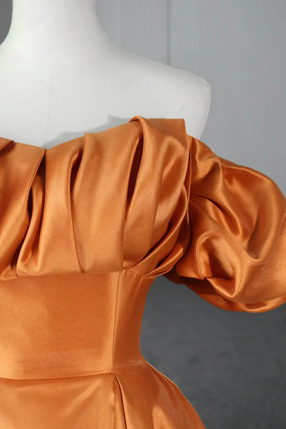 Orange Satin A-Line Floor Length Prom Dress Off the Shoulder Evening Party Dress simple gentle atmospheric and unique desi Bring summer colors to enhance white