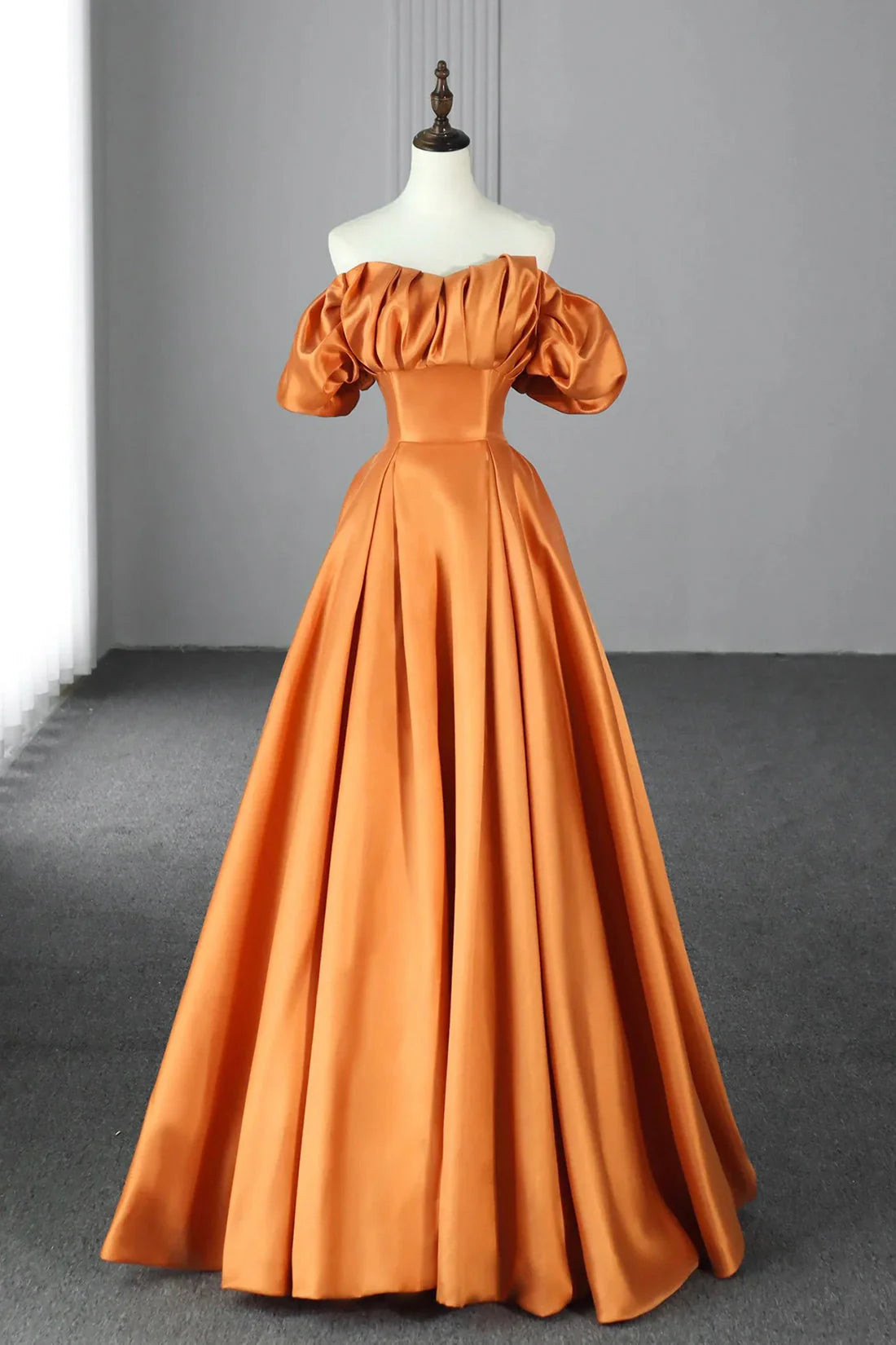 Orange Satin A-Line Floor Length Prom Dress Off the Shoulder Evening Party Dress simple gentle atmospheric and unique desi Bring summer colors to enhance white