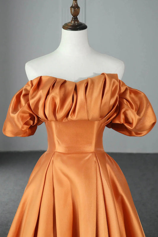 Orange Satin A-Line Floor Length Prom Dress Off the Shoulder Evening Party Dress simple gentle atmospheric and unique desi Bring summer colors to enhance white