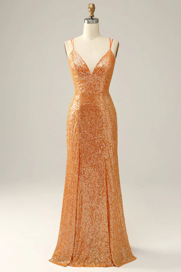 Orange Sequined Backless Mermaid Prom Dress Simple gentle atmospheric and unique design