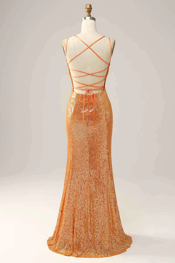 Orange Sequined Backless Mermaid Prom Dress Simple gentle atmospheric and unique design