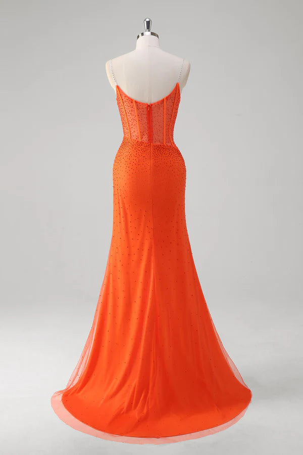 Orange Spaghetti Straps Beaded Corset Mermaid Prom Dress simple gentle atmospheric and unique desi