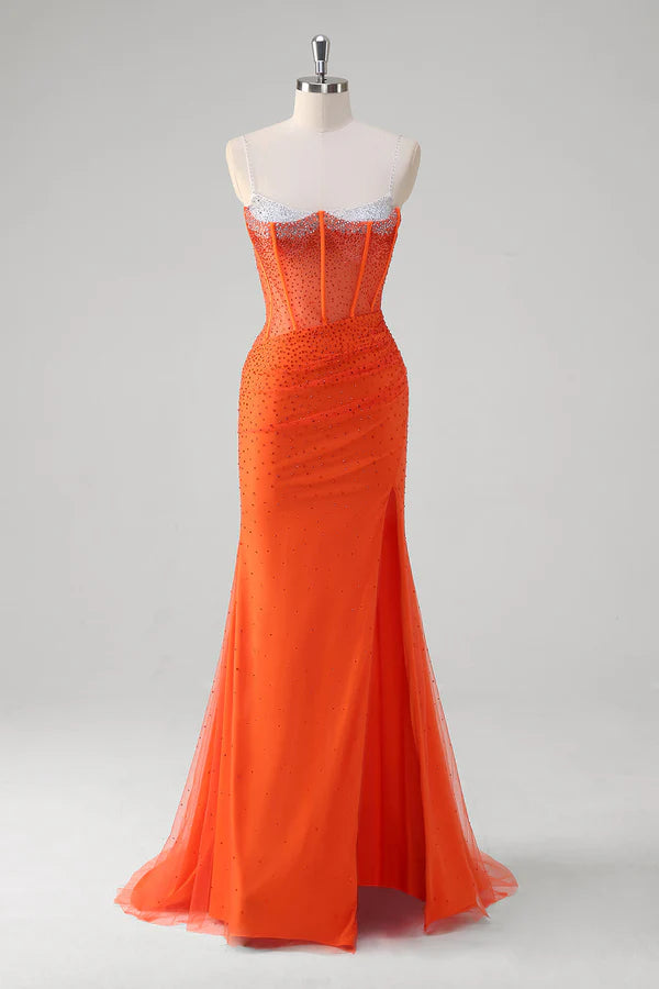 Orange Spaghetti Straps Beaded Corset Mermaid Prom Dress simple gentle atmospheric and unique desi