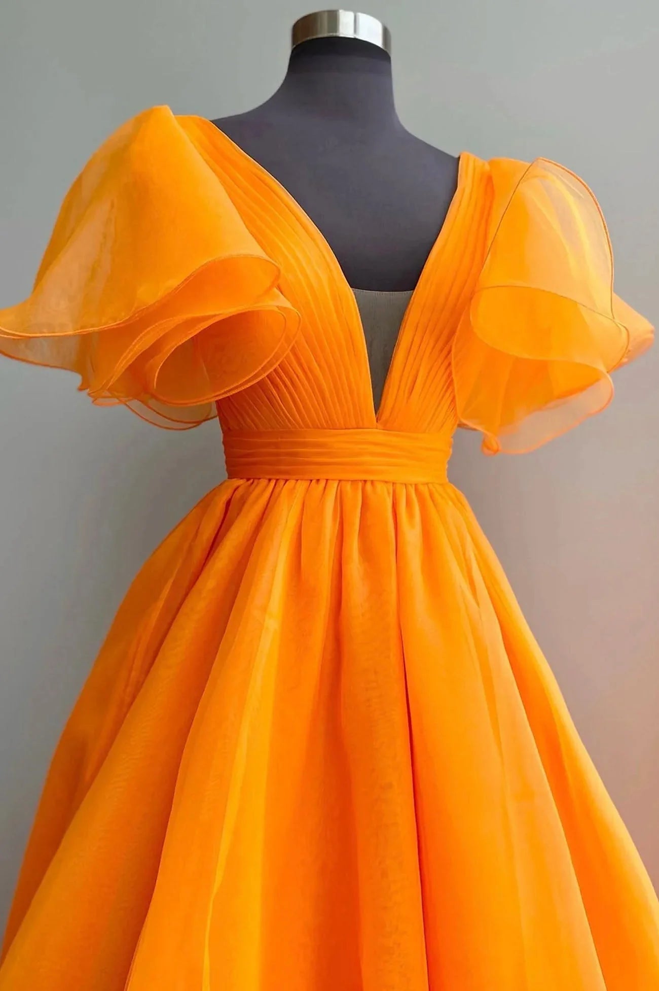 Orange V-Neck Long Prom Dress Beautiful A-Line Short Sleeve Evening Dress simple gentle atmospheric and unique desi Bring summer colors to enhance white