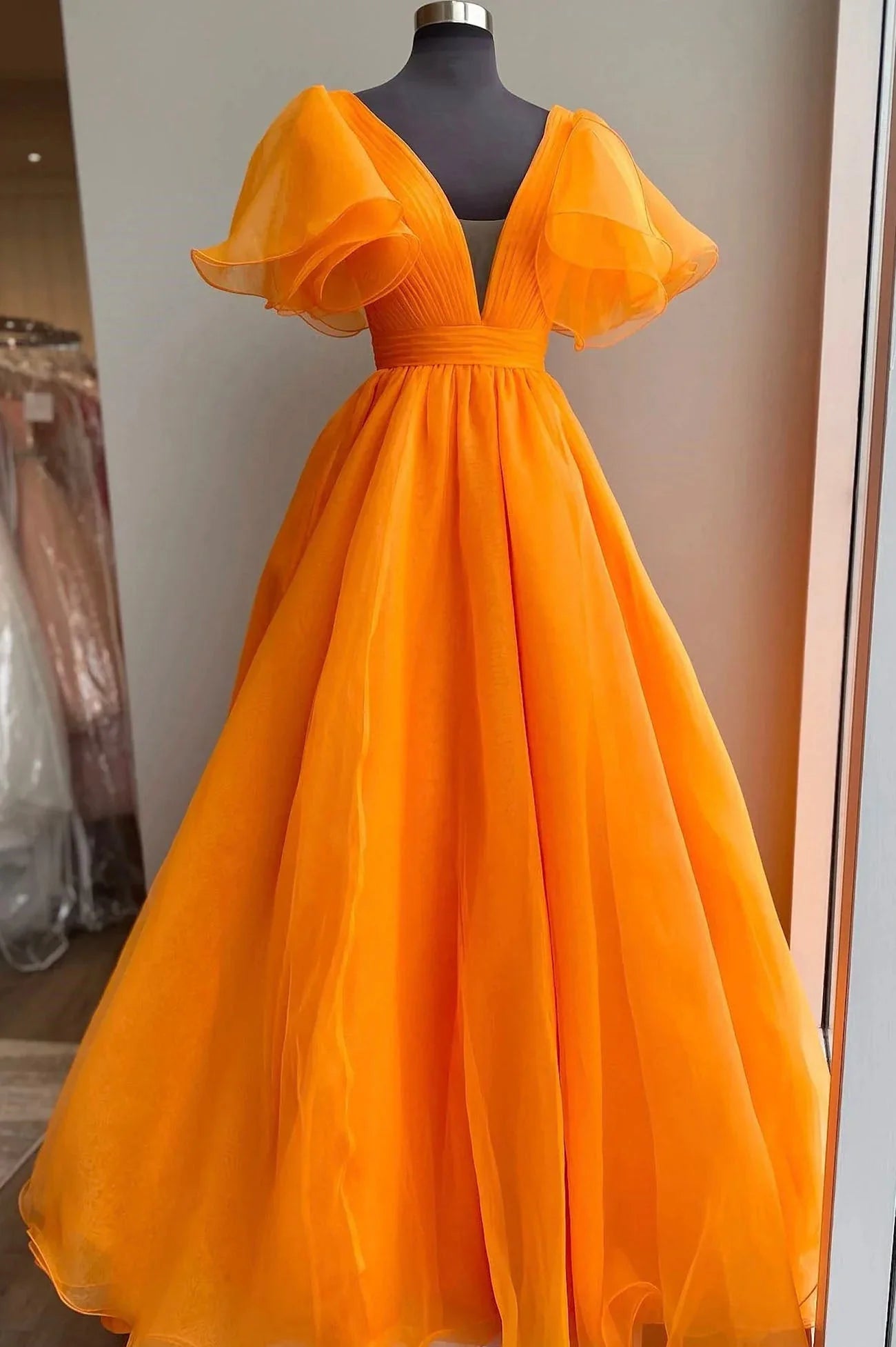 Orange V-Neck Long Prom Dress Beautiful A-Line Short Sleeve Evening Dress simple gentle atmospheric and unique desi Bring summer colors to enhance white