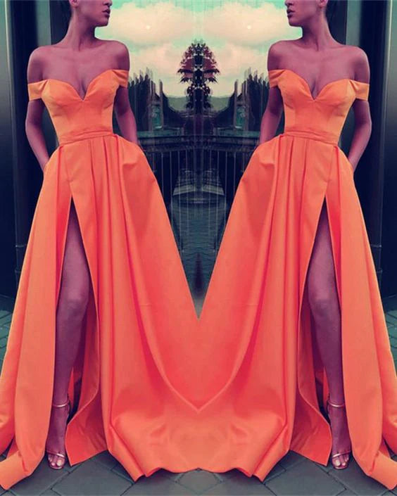 Orange off shoulder long dress with off shoulder design and deep V-neckline, high slit on the side, suitable for dinners, parties, etc