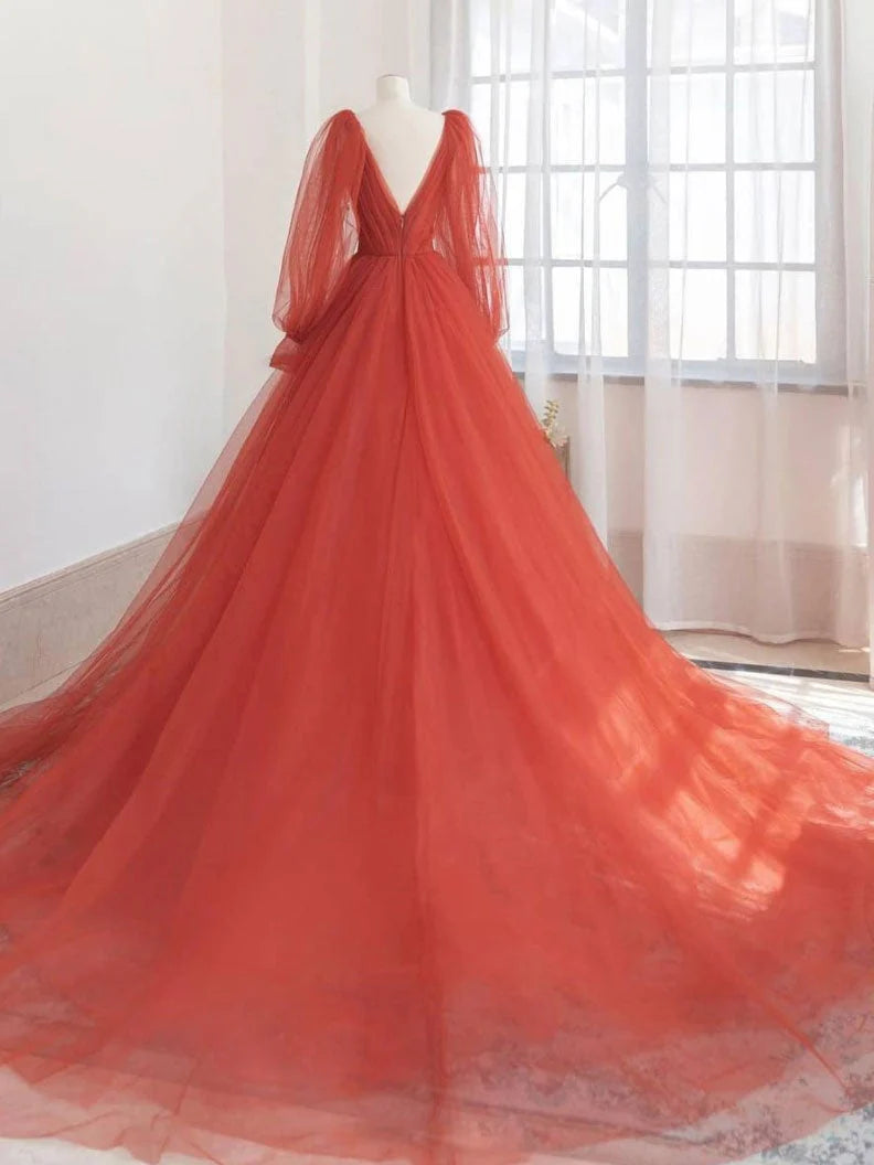 Orange v neck tulle long prom dress orange evening dress simple gentle atmospheric and unique desi Bring summer colors to enhance whitenes