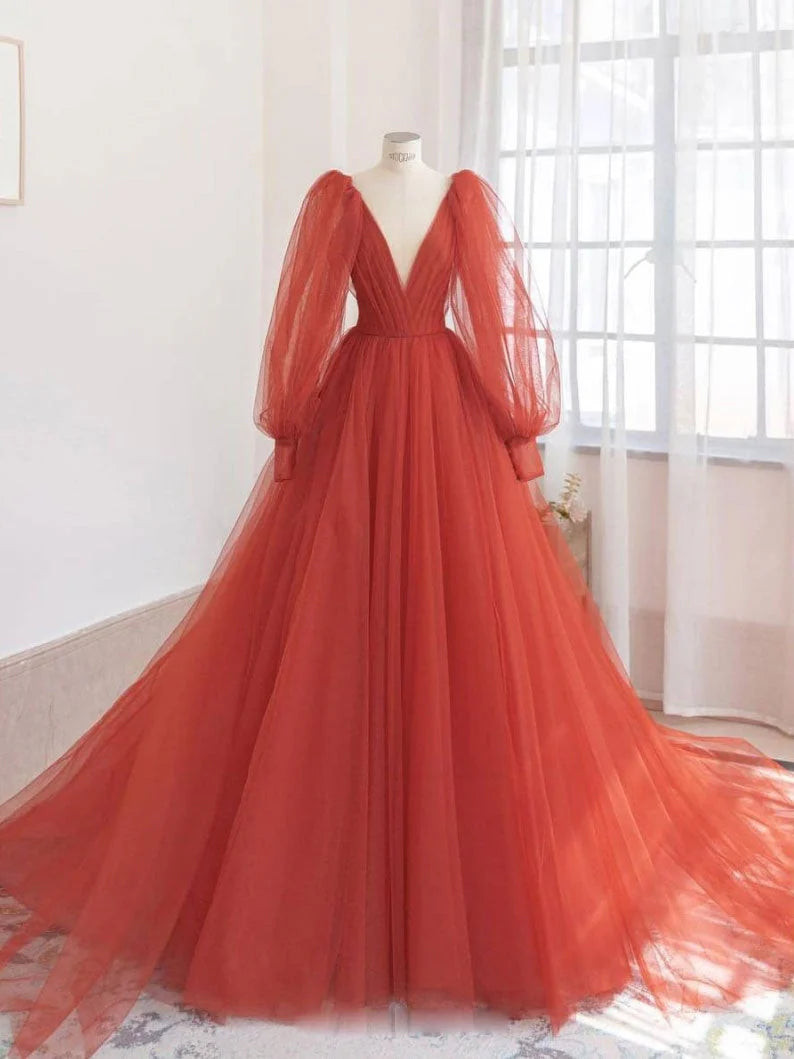 Orange v neck tulle long prom dress orange evening dress simple gentle atmospheric and unique desi Bring summer colors to enhance whitenes