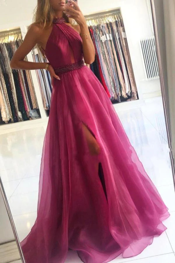 Orchid Halter Long Prom Dress Tulle With Split Simple gentle atmospheric and unique design
