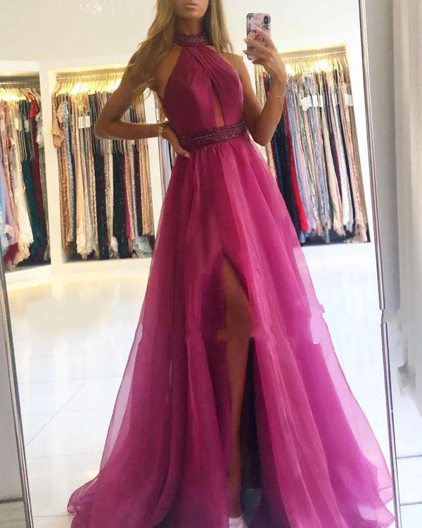 Orchid Halter Long Prom Dress Tulle With Split Simple gentle atmospheric and unique design