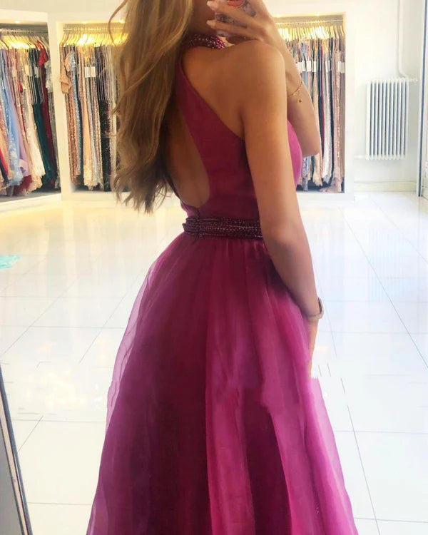 Orchid Halter Long Prom Dress Tulle With Split Simple gentle atmospheric and unique design
