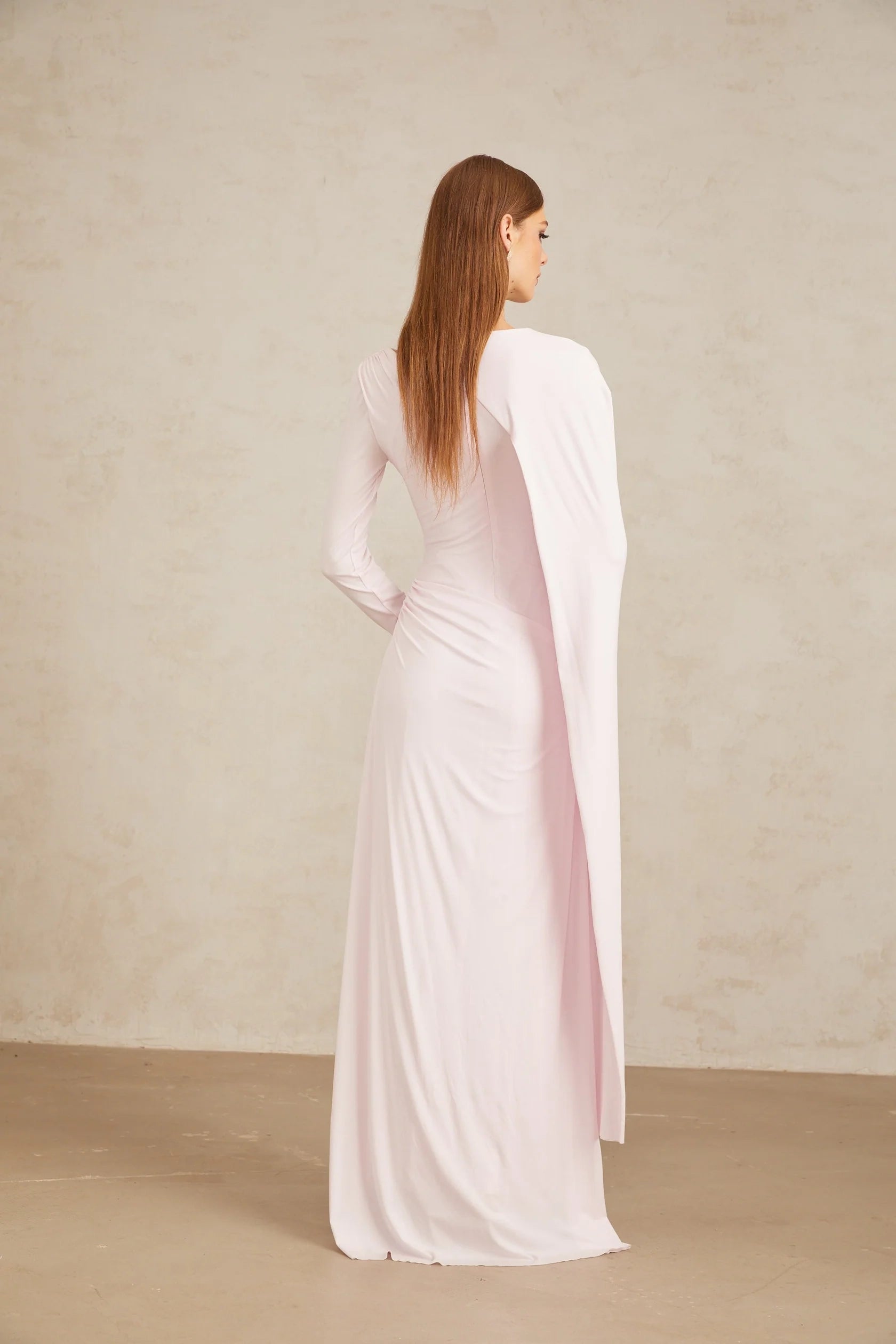 Pale Pink Asymmetric Draped Maxi Dress with Long Sleeve Pink Diagonal Shawl Fitted Maxi Dress Evening Dress