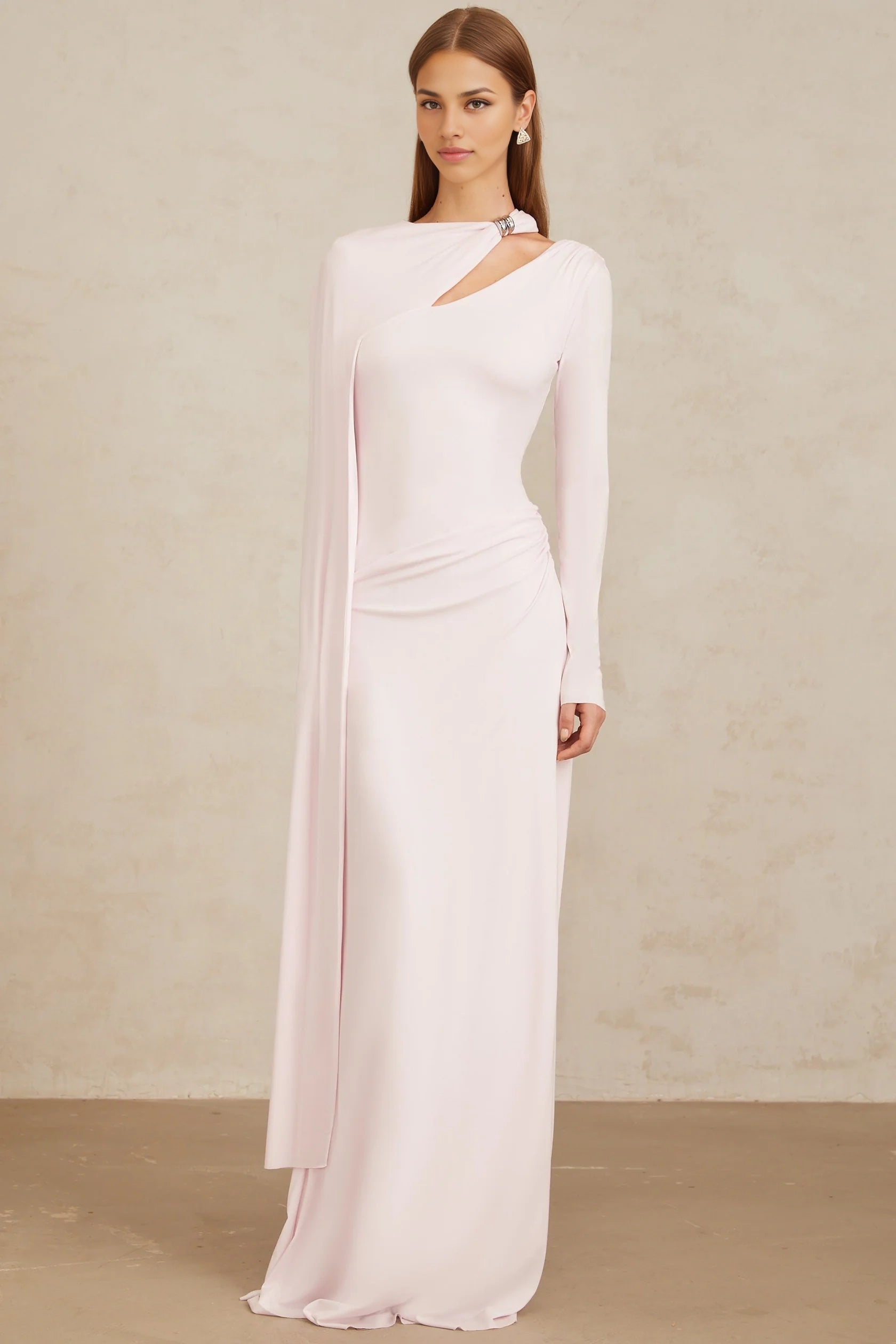 Pale Pink Asymmetric Draped Maxi Dress with Long Sleeve Pink Diagonal Shawl Fitted Maxi Dress Evening Dress