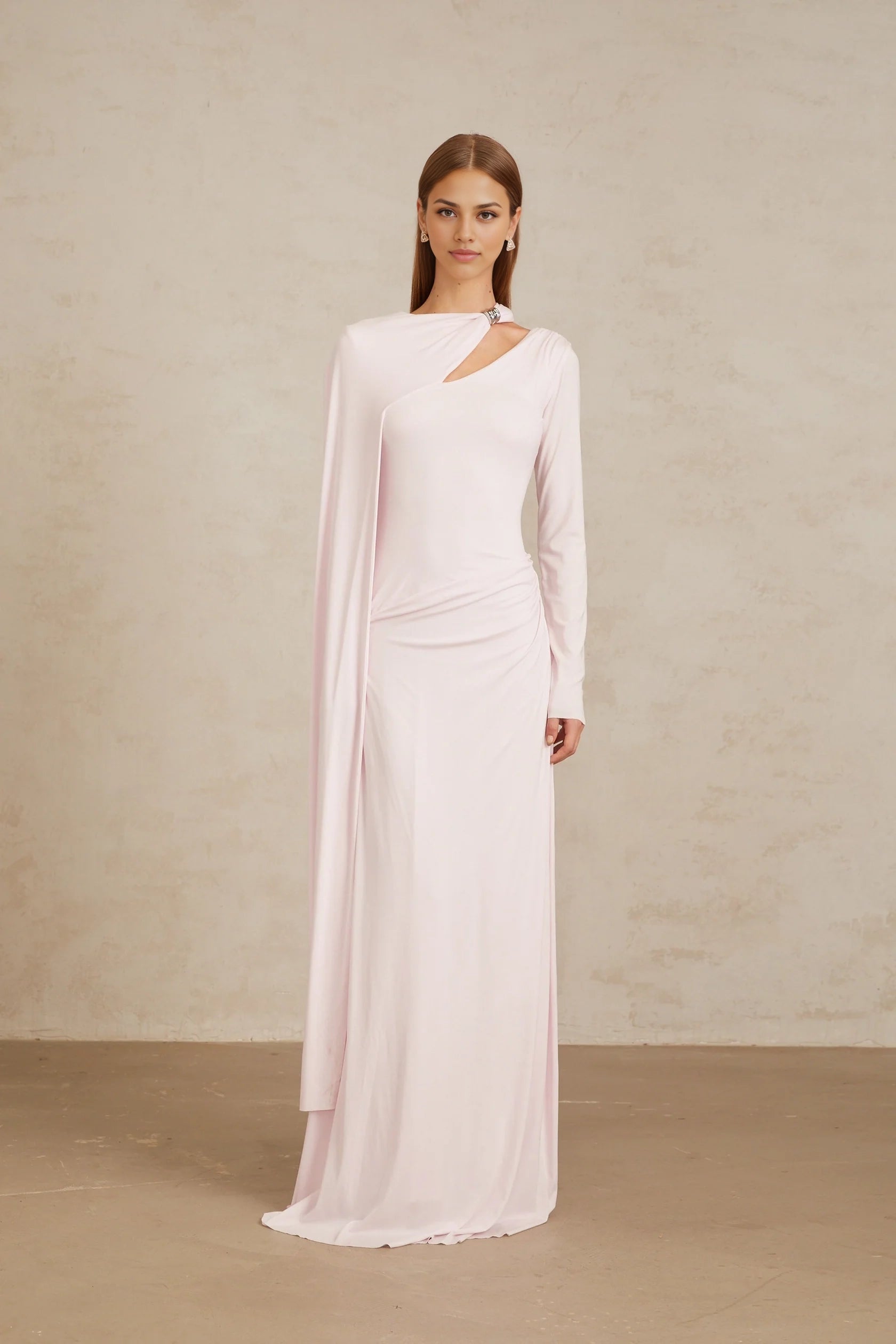 Pale Pink Asymmetric Draped Maxi Dress with Long Sleeve Pink Diagonal Shawl Fitted Maxi Dress Evening Dress