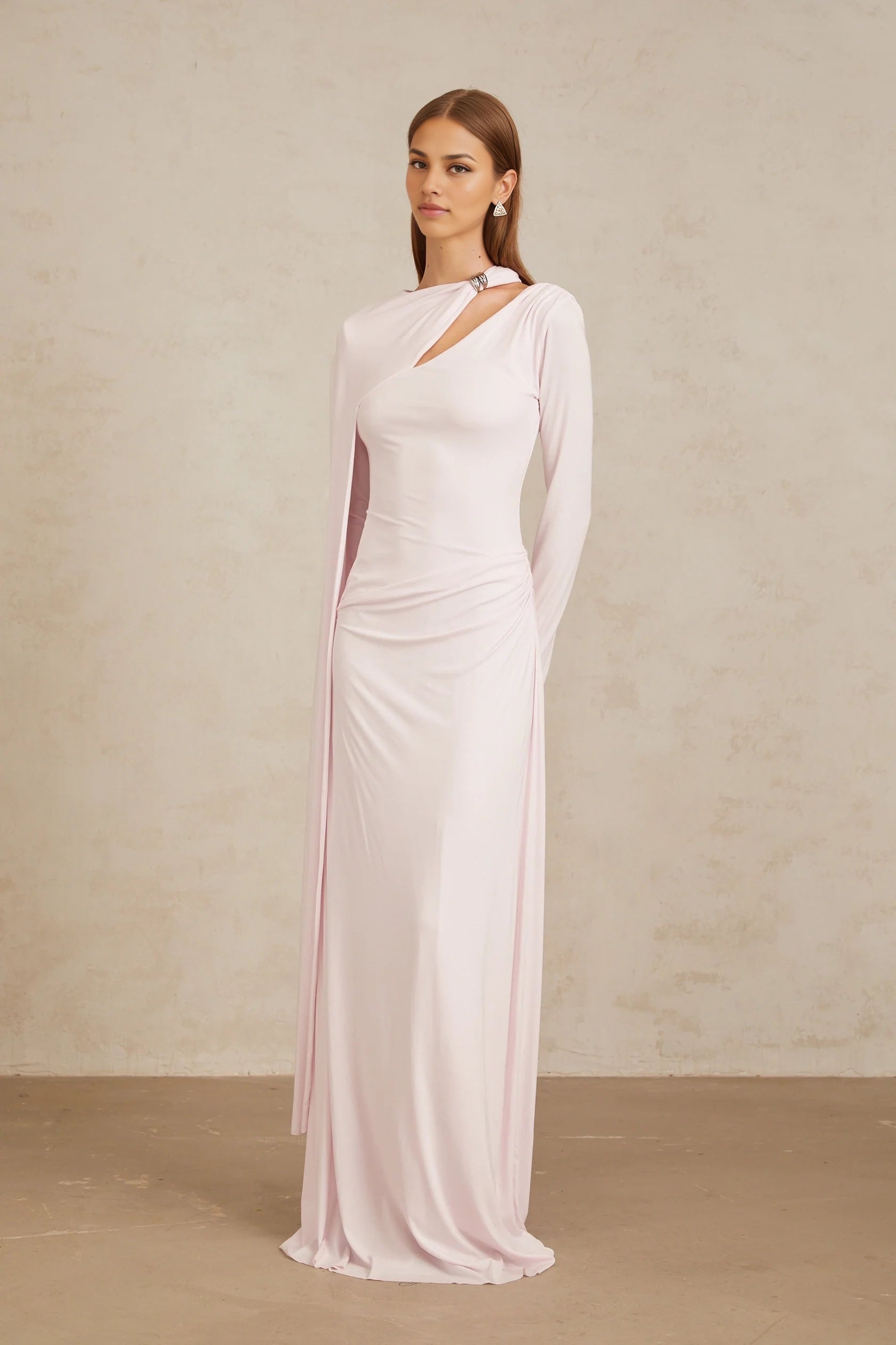 Pale Pink Asymmetric Draped Maxi Dress with Long Sleeve Pink Diagonal Shawl Fitted Maxi Dress Evening Dress