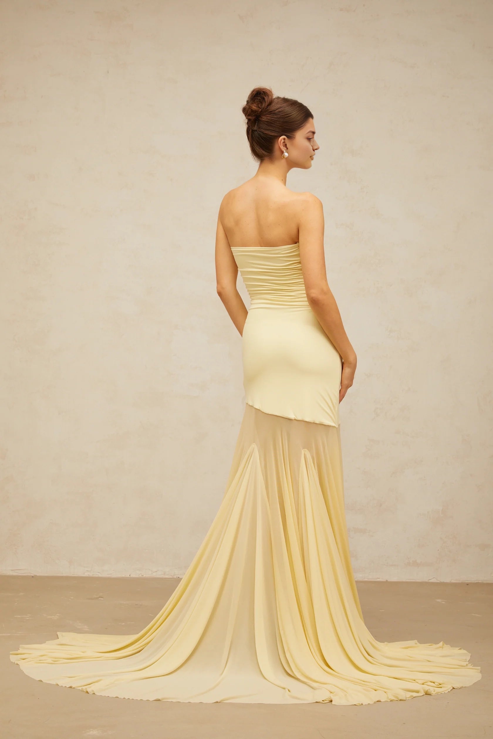 Pale Yellow Strapless Maxi Dress with Sheer Train yellow off-shoulder sheer tulle maxi dress Evening Dress