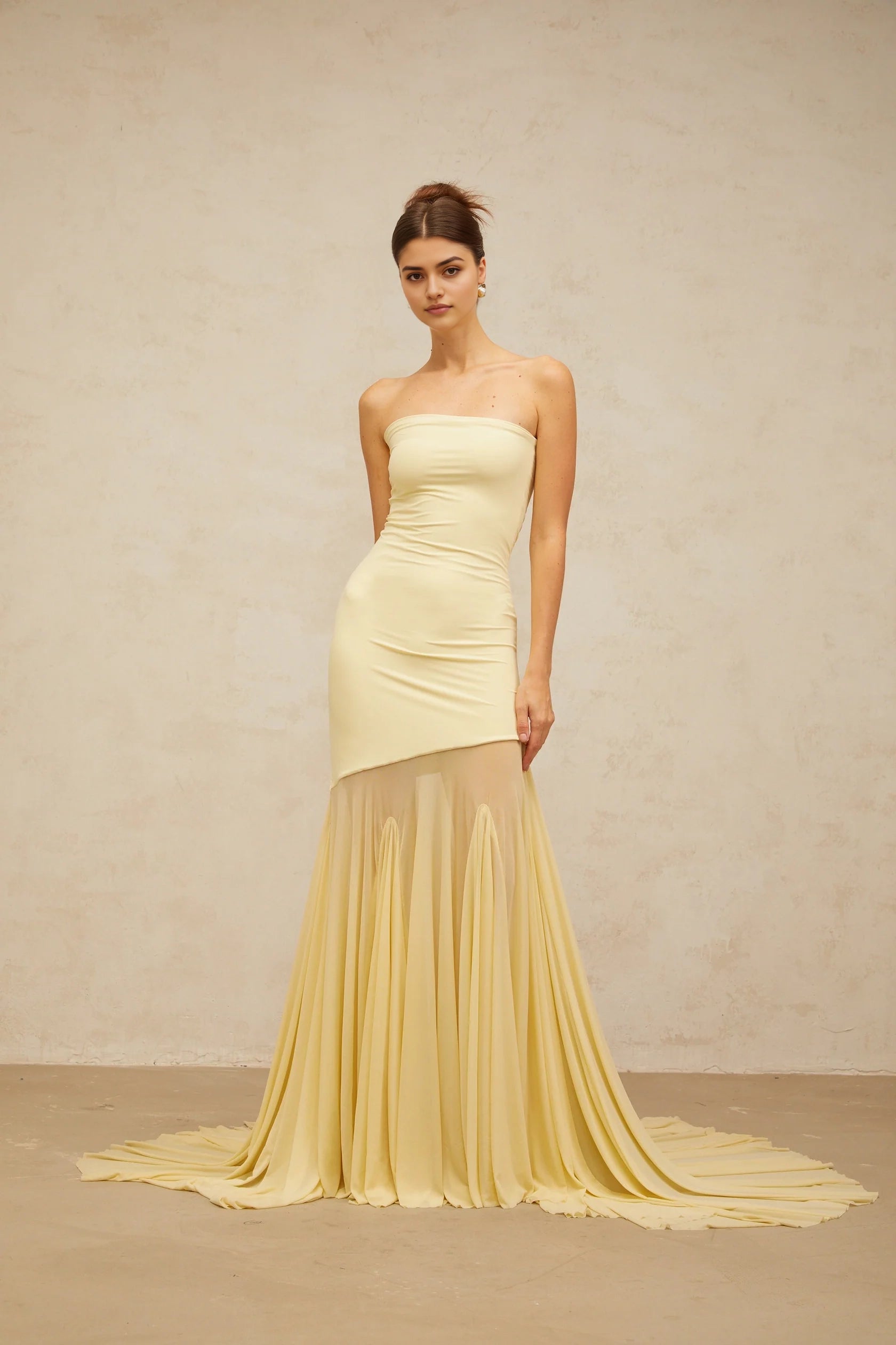Pale Yellow Strapless Maxi Dress with Sheer Train yellow off-shoulder sheer tulle maxi dress Evening Dress