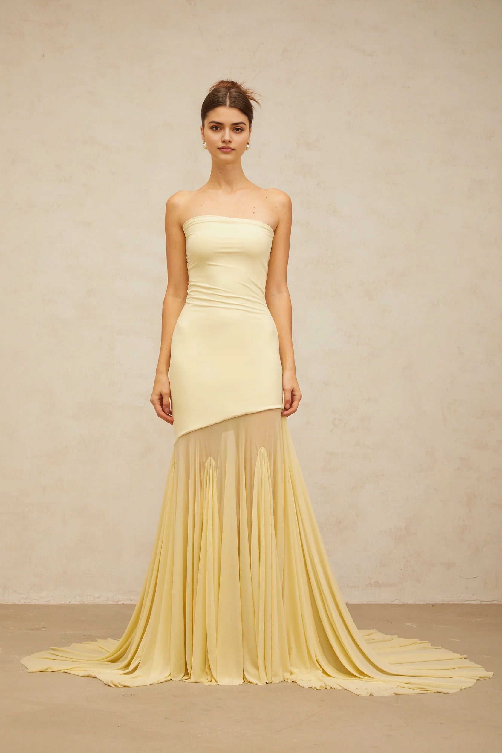 Pale Yellow Strapless Maxi Dress with Sheer Train yellow off-shoulder sheer tulle maxi dress Evening Dress