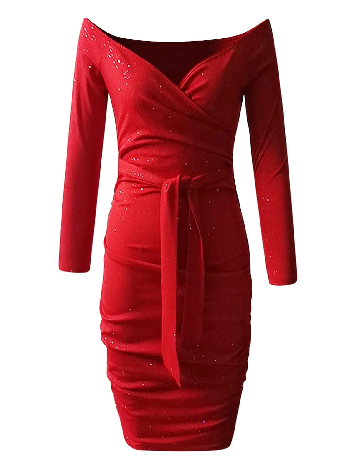 Party Dresses Sparkle & Shine Dress Wedding Guest Party Wear Knee Length Long Sleeve Off Shoulder Polyester with Sequin Pure Color