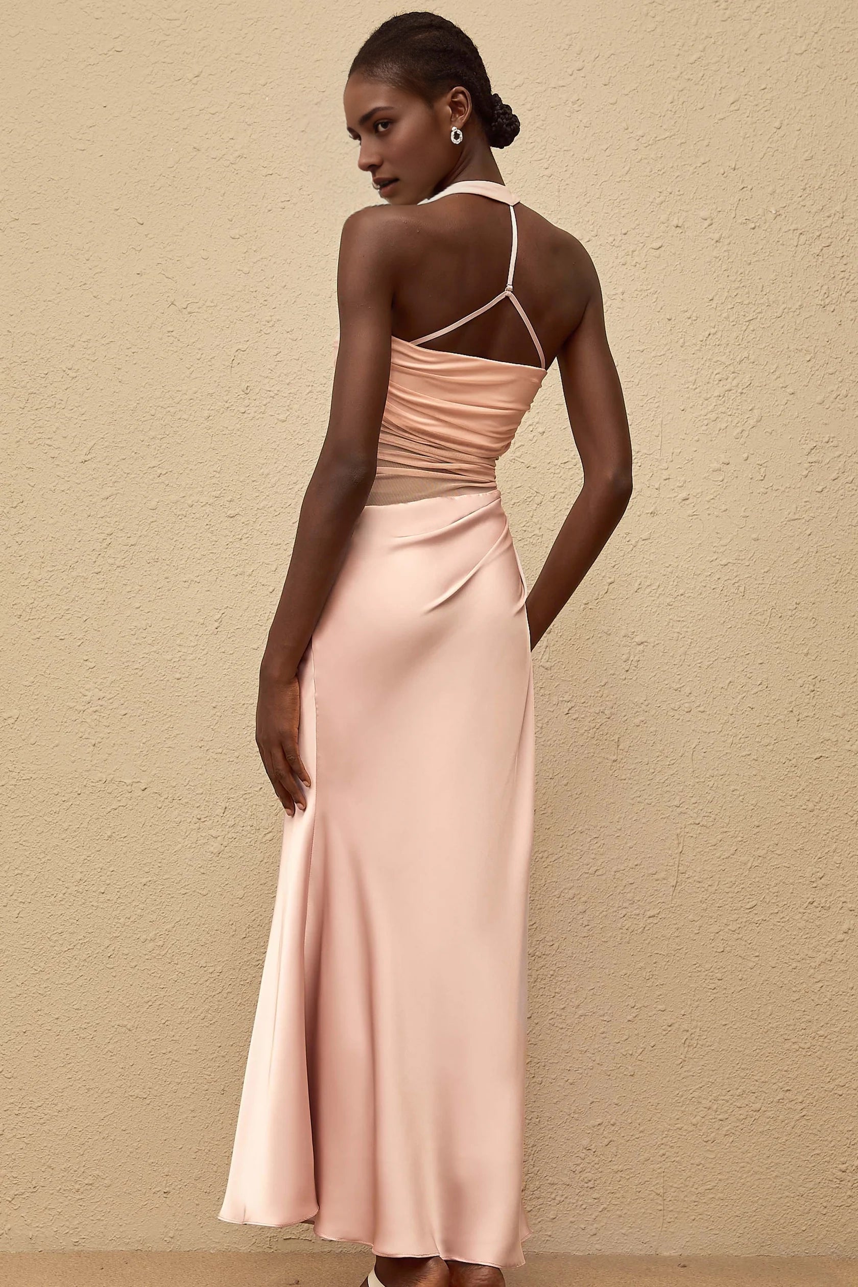 Peach Halter Neck Satin Maxi Dress with Mesh Waist Detail Taina Pink Mesh Panel Ruched Maxi Dress